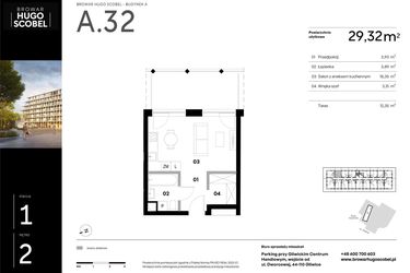 Rzut - Mieszkanie na sprzedaż 1 pokój o powierzchni 29,32 m² - numer A.32 w Browar HUGO SCOBEL