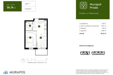 Rzut - Mieszkanie na sprzedaż 2 pokoje o powierzchni 38,76 m² - numer 1.B.1.03 w Murapol Prado
