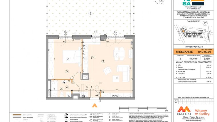 Rzut - Mieszkanie na sprzedaż 2 pokoje o powierzchni 54,11 m² - numer D.00.03 w Sokratesa 11a