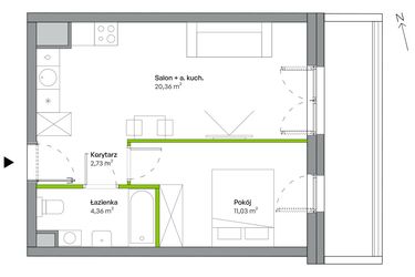 Rzut - Mieszkanie na sprzedaż 2 pokoje o powierzchni 38,48 m² - numer B.04.01.08 w WUWA Vita