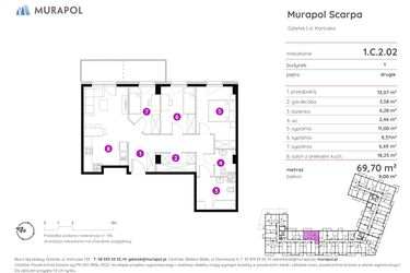 Rzut - Mieszkanie na sprzedaż 4 pokoje o powierzchni 69,7 m² - numer 1.C.2.02 w Murapol Scarpa