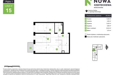 Rzut - Mieszkanie na sprzedaż 3 pokoje o powierzchni 60,84 m² - numer M15 w Nowa Częstochowa Mościckiego