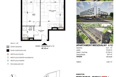 Rzut - Mieszkanie na sprzedaż 2 pokoje o powierzchni 47,13 m² - numer 4.12 w Apartamentowiec Zwycięska 3