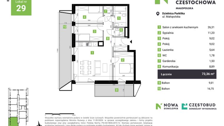 Rzut - Mieszkanie na sprzedaż 4 pokoje o powierzchni 73,36 m² - numer A29 w Nowa Częstochowa Małopolska