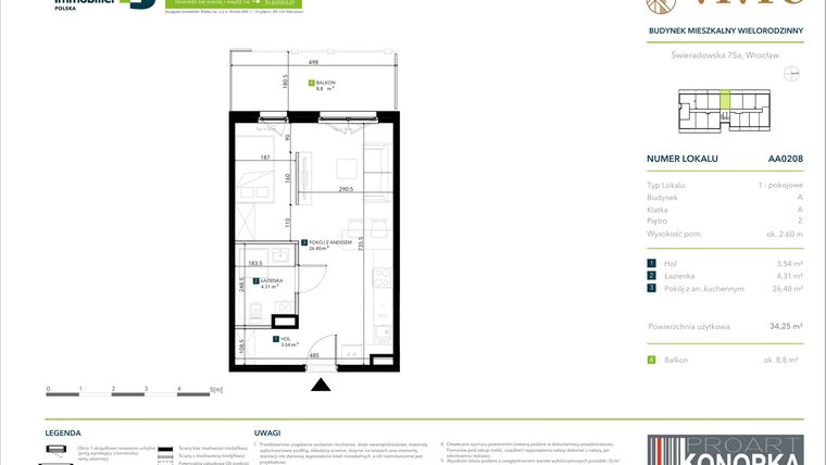Rzut - Mieszkanie na sprzedaż 1 pokój o powierzchni 34,25 m² - numer AA0208 w Vivre
