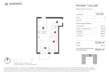 Rzut - Mieszkanie na sprzedaż 3 pokoje o powierzchni 51,64 m² - numer 1.B.2.15 w Murapol Trzy Lipki
