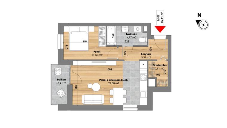 Rzut - Mieszkanie na sprzedaż 2 pokoje o powierzchni 45,11 m² - numer M87 w Przy Kochanowskiego