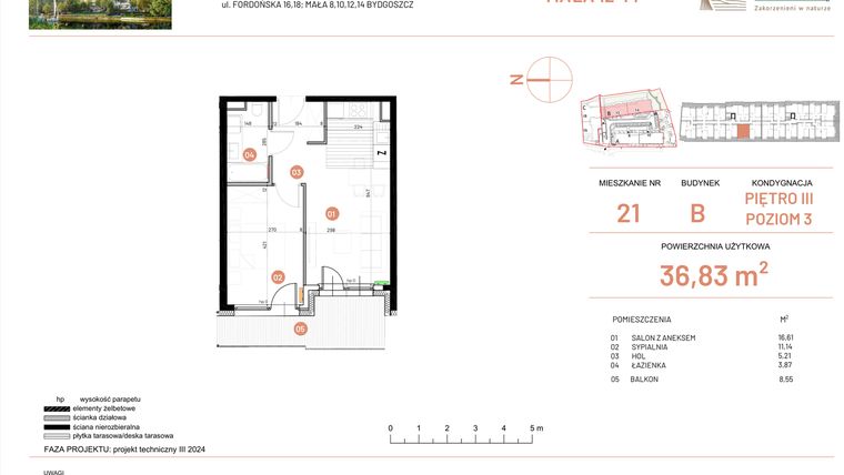Rzut - Mieszkanie na sprzedaż 2 pokoje o powierzchni 36,83 m² - numer 12.21 w Osiedle Nowe Horyzonty etap III