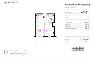 Rzut - Mieszkanie na sprzedaż 2 pokoje o powierzchni 37,93 m² - numer 2.A.1.01 w Murapol Osiedle Dynamiq