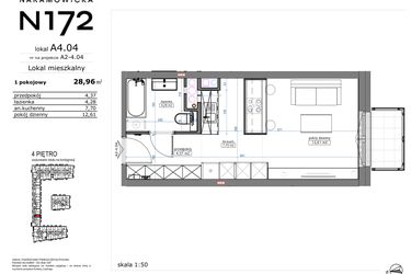 Rzut - Mieszkanie na sprzedaż 1 pokój o powierzchni 29,26 m² - numer A4.04 w Naramowicka 172