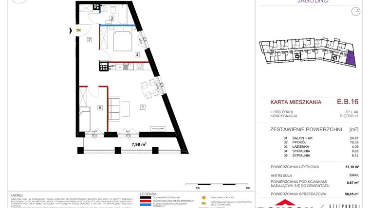 Rzut - Mieszkanie na sprzedaż 3 pokoje o powierzchni 57,22 m² - numer EB_16 w Viva Jagodno etap III