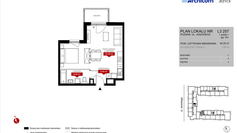 Rzut - Mieszkanie na sprzedaż 1 pokój o powierzchni 40,24 m² - numer L3.257 w Wieża Jeżyce etap VI