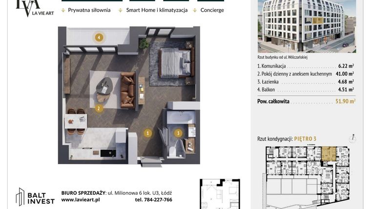 Rzut - Mieszkanie na sprzedaż 1 pokój o powierzchni 51,9 m² - numer M3.9 w La Vie Art