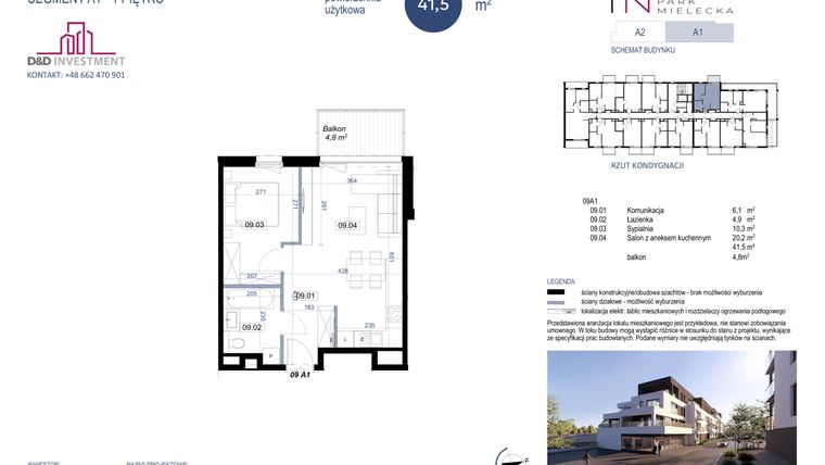 Rzut - Mieszkanie na sprzedaż 2 pokoje o powierzchni 41,5 m² - numer A1-9 w Park Mielecka