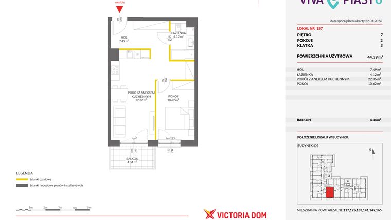Rzut - Mieszkanie na sprzedaż 2 pokoje o powierzchni 44,64 m² - numer 157 w Viva Piast 6