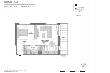 Rzut - Mieszkanie na sprzedaż 2 pokoje o powierzchni 46,8 m² - numer A.1.3 w Linea bud. A