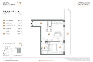 Rzut - Mieszkanie na sprzedaż 2 pokoje o powierzchni 48,45 m² - numer 17 w Witkiewicza Apartments