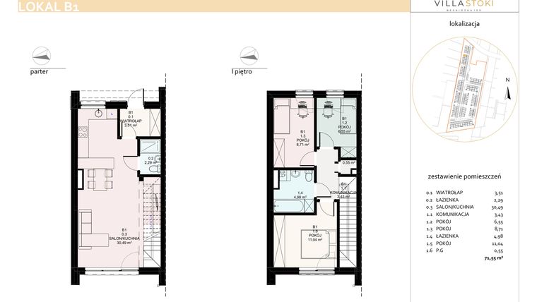 Rzut - Dom na sprzedaż 4 pokoje o powierzchni 71,55 m² - numer B1 w Villa Stoki (domy)