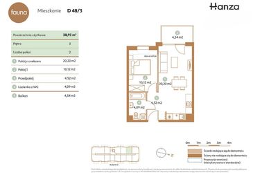 Rzut - Mieszkanie na sprzedaż 2 pokoje o powierzchni 38,93 m² - numer D48-3 w Fauna