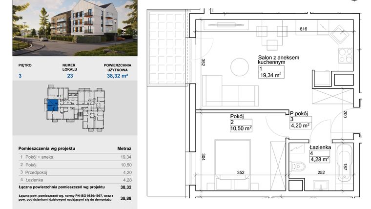 Rzut - Mieszkanie na sprzedaż 2 pokoje o powierzchni 38,57 m² - numer 23 w Balantia