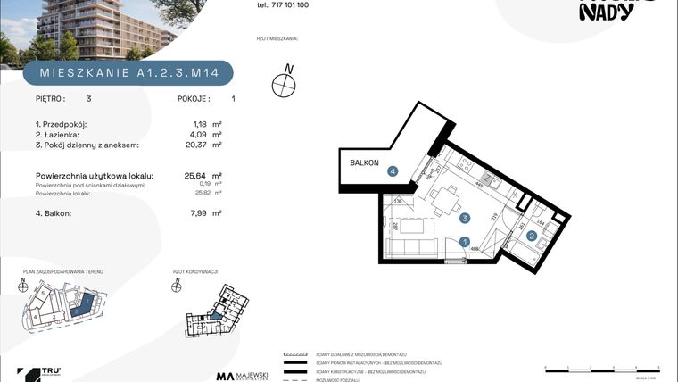 Rzut - Mieszkanie na sprzedaż 1 pokój o powierzchni 25,64 m² - numer A1.2.3.M14 w Nowe Promenady