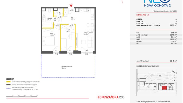 Rzut - Mieszkanie na sprzedaż 3 pokoje o powierzchni 55,64 m² - numer 42 w Neo Nova Ochota 2