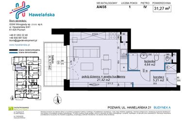 Rzut - Mieszkanie na sprzedaż 1 pokój o powierzchni 31,27 m² - numer A/4/35 w Osiedle Hawelańska etap III - bud. A