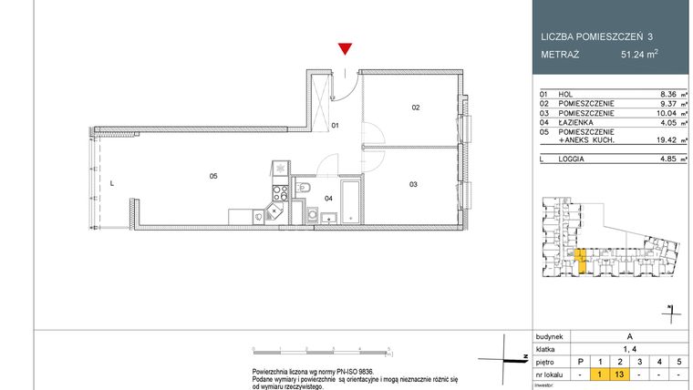 Rzut - Mieszkanie na sprzedaż 3 pokoje o powierzchni 51,24 m² - numer L1 w Morwowa 5 - Apartamenty inwestycyjne