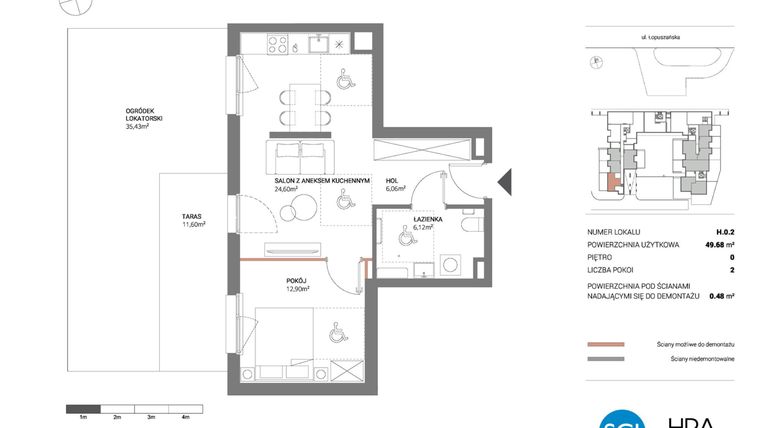 Rzut - Mieszkanie na sprzedaż 2 pokoje o powierzchni 49,68 m² - numer H.0.2 w Łopuszańska 47 - etap 3
