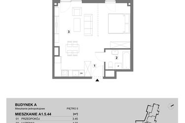 Rzut - Mieszkanie na sprzedaż 1 pokój o powierzchni 43,39 m² - numer A1.5.44 w ATAL Grabiszyn