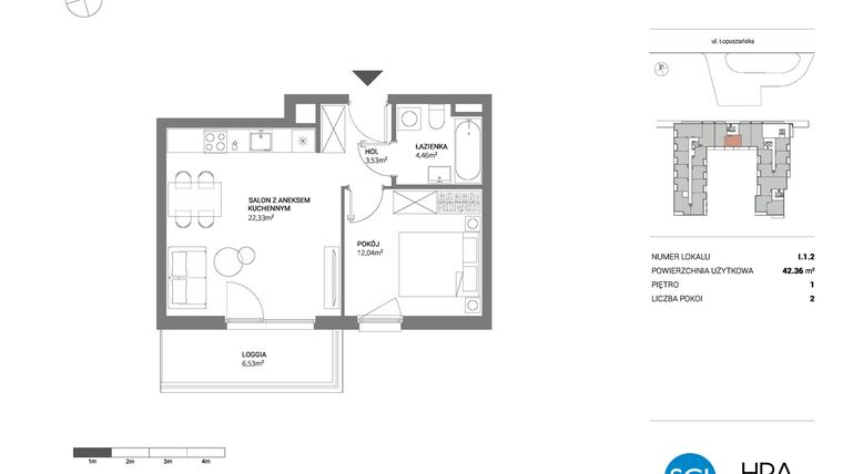 Rzut - Mieszkanie na sprzedaż 2 pokoje o powierzchni 42,36 m² - numer I.1.2 w Łopuszańska 47 - etap 3
