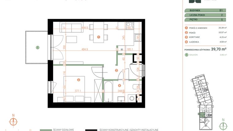 Rzut - Mieszkanie na sprzedaż 2 pokoje o powierzchni 39,7 m² - numer M.05.05 w Casa Feliz Portowa II