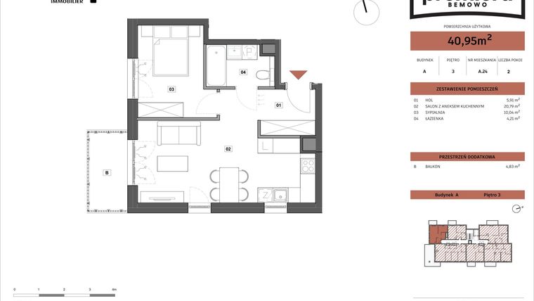 Rzut - Mieszkanie na sprzedaż 2 pokoje o powierzchni 40,95 m² - numer A.24 w Premiera Bemowo