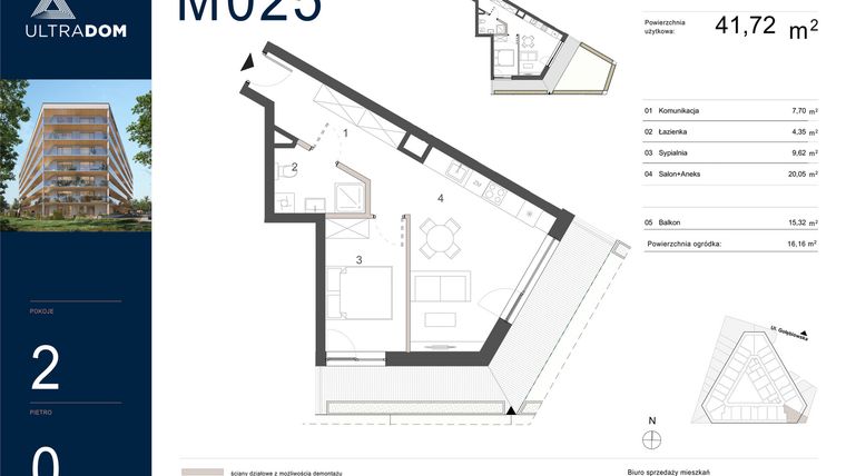 Rzut - Mieszkanie na sprzedaż 2 pokoje o powierzchni 41,72 m² - numer M025 w Ultradom