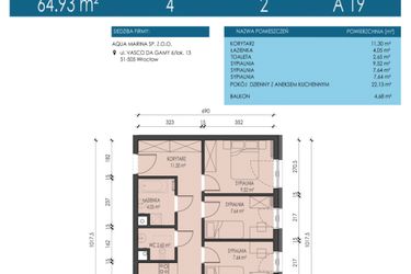 Rzut - Mieszkanie na sprzedaż 4 pokoje o powierzchni 64,93 m² - numer A19 w Apartamenty Aqua Marina