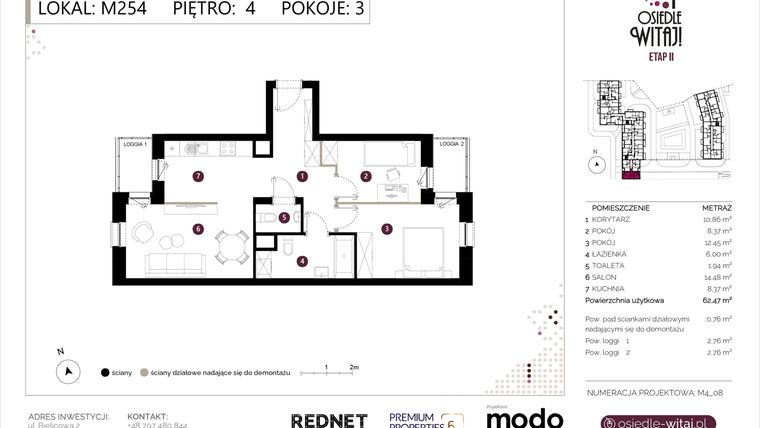 Rzut - Mieszkanie na sprzedaż 3 pokoje o powierzchni 63,23 m² - numer M254 w Osiedle Witaj etap II