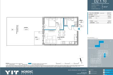Rzut - Mieszkanie na sprzedaż 2 pokoje o powierzchni 41,39 m² - numer D2.1.10 w Nordic Bemowo - etap IV