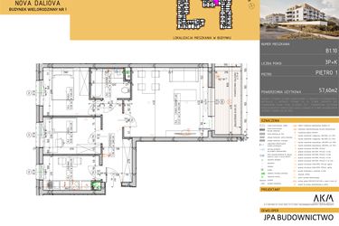 Rzut - Mieszkanie na sprzedaż 3 pokoje o powierzchni 57,51 m² - numer B1.10 w Nova Daliova