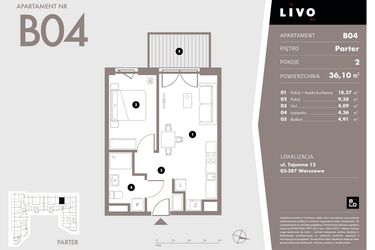Rzut - Mieszkanie na sprzedaż 2 pokoje o powierzchni 36,1 m² - numer B04 w Livo
