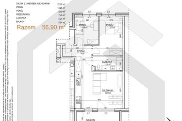 Rzut - Mieszkanie na sprzedaż 3 pokoje o powierzchni 56,9 m² - numer S.03.37 w Sobieskiego 29