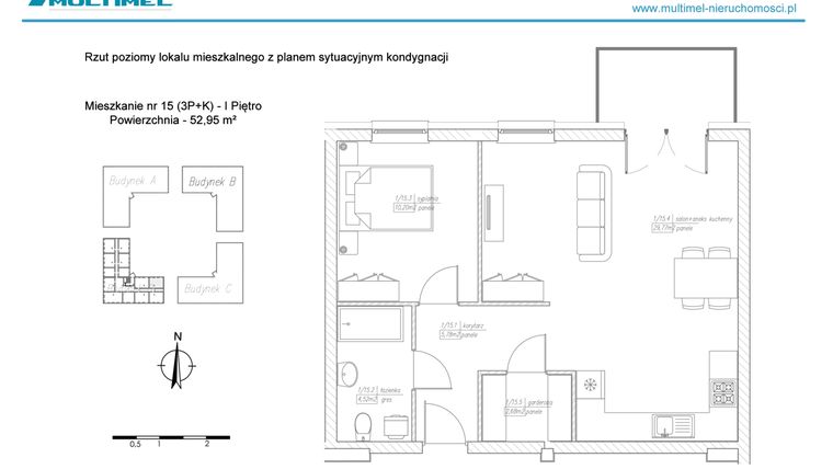 Rzut - Mieszkanie na sprzedaż 3 pokoje o powierzchni 52,95 m² - numer 15D w Dominów Rynek