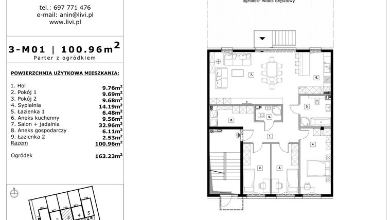 Rzut - Mieszkanie na sprzedaż 4 pokoje o powierzchni 100,96 m² - numer 3-m01 w Apartamenty Anin