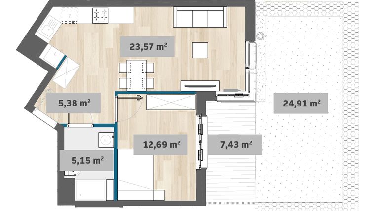 Rzut - Mieszkanie na sprzedaż 2 pokoje o powierzchni 46,69 m² - numer F1.D.00.01 w Sady Żoliborz