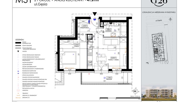 Rzut - Mieszkanie na sprzedaż 2 pokoje o powierzchni 41,61 m² - numer 31 w Gęsia 26