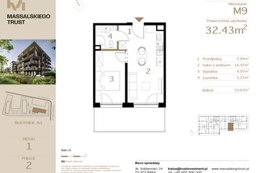 Rzut - Mieszkanie na sprzedaż 2 pokoje o powierzchni 32,43 m² - numer M9 w Massalskiego Trust