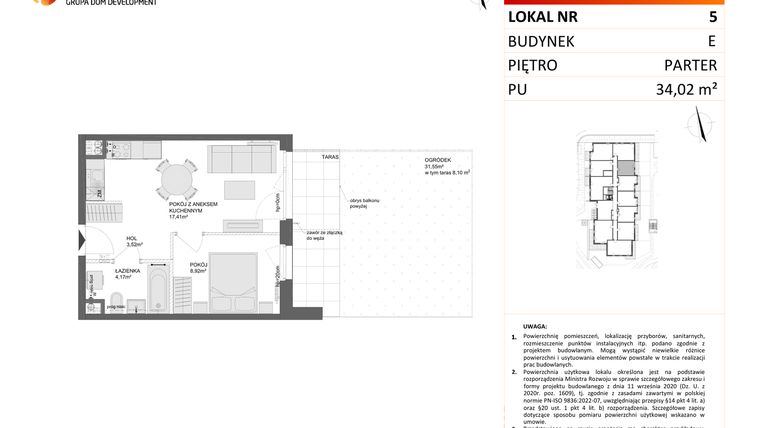 Rzut - Mieszkanie na sprzedaż 2 pokoje o powierzchni 34,02 m² - numer E.5 w Osiedle Synteza etap IV