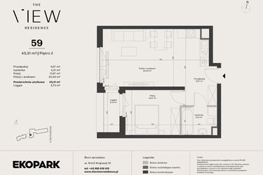 Rzut - Mieszkanie na sprzedaż 2 pokoje o powierzchni 45,31 m² - numer 59 w The View