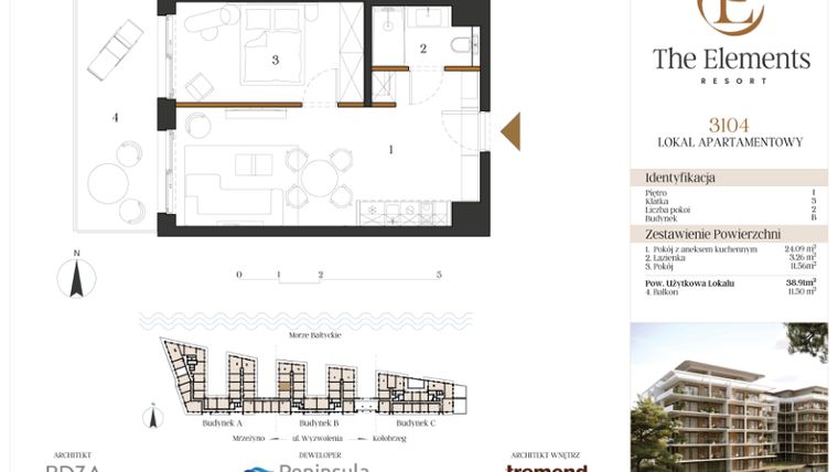 Rzut - Mieszkanie na sprzedaż 2 pokoje o powierzchni 38,91 m² - numer 3104 w The Elements Resort