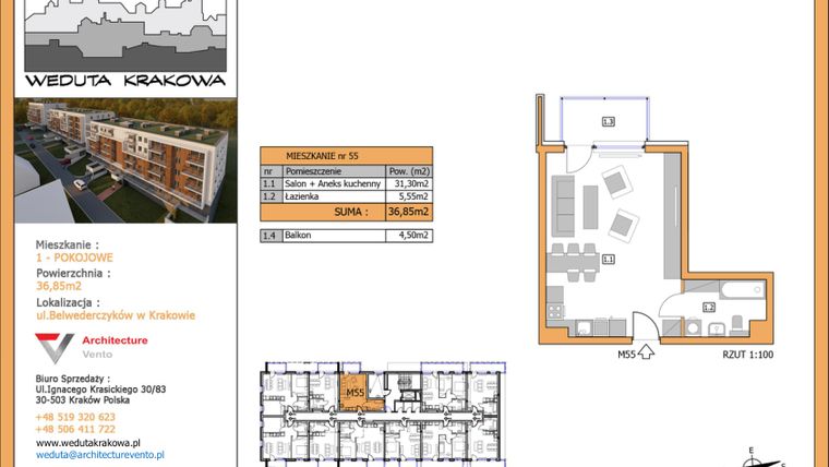 Rzut - Mieszkanie na sprzedaż 1 pokój o powierzchni 36,85 m² - numer M55 w Weduta Krakowa