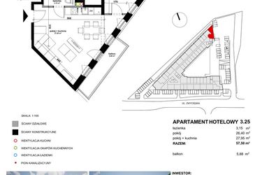 Rzut - Mieszkanie na sprzedaż 2 pokoje o powierzchni 56,77 m² - numer 3.25 w Apartamentowiec Zwycięska 3 - inwestycyjne